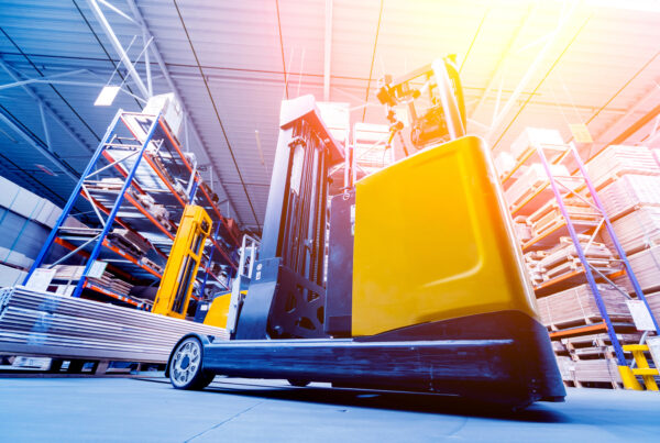 A logistics image of a forklift moving items in a warehouse.